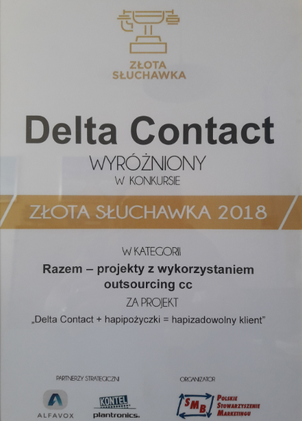 Delta Contact wyróżniona w konkursie Złota Słuchawka 2018